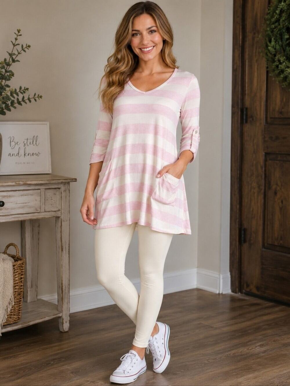 Blu Pepper Pink & Cream Striped Lightweight Sweater Tunic sz S